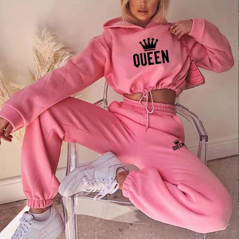 Women Hooded Tracksuit Sports 2 Pieces Set