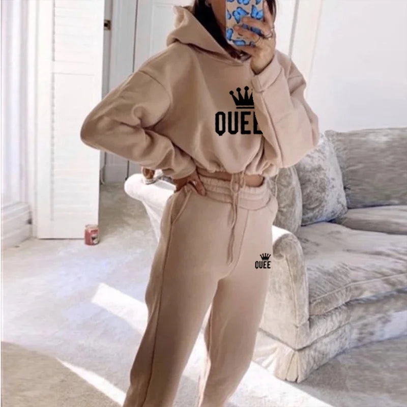 Women Hooded Tracksuit Sports 2 Pieces Set