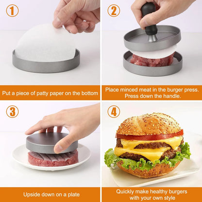 Burger Press Non-Stick Hamburger Patty Maker with Wax Paper Aluminum Burger Maker for Kitchen BBQ Grill